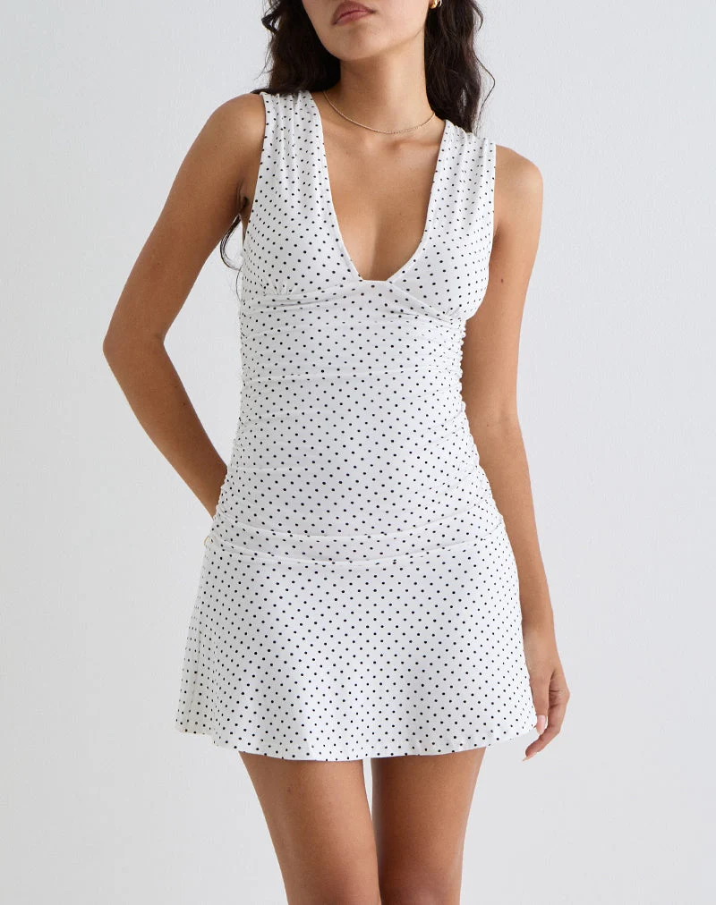 Luscian Plunge Mini Dress in Weiß mit Micro Polka Schwarz