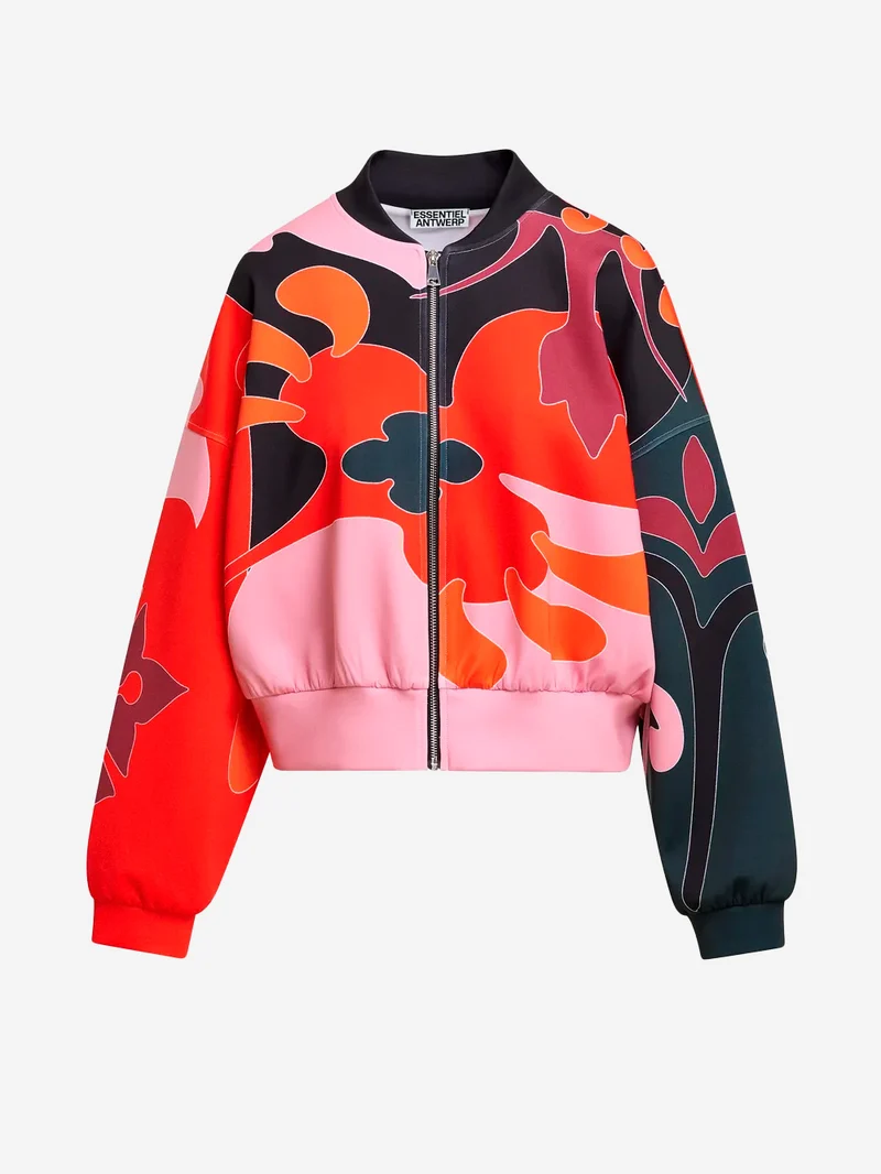 Bomber corto oversize con stampa floreale Rossa e Rosa