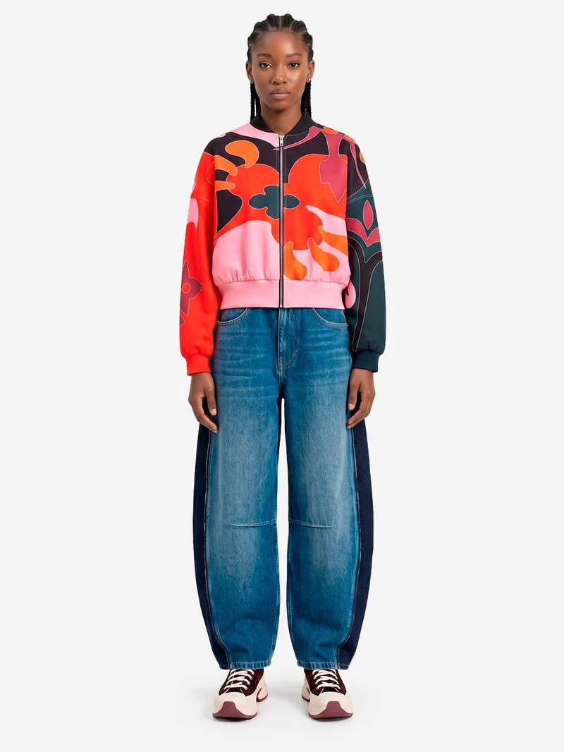 Bomber corto oversize con stampa floreale Rossa e Rosa