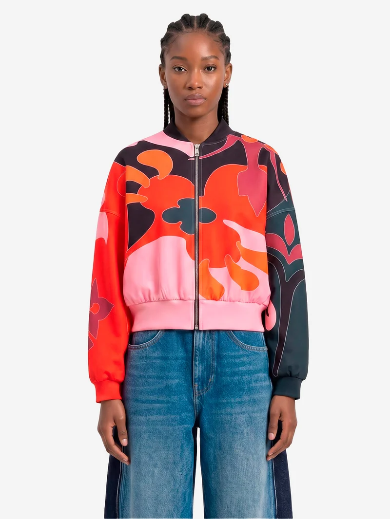 Bomber corto oversize con stampa floreale Rossa e Rosa
