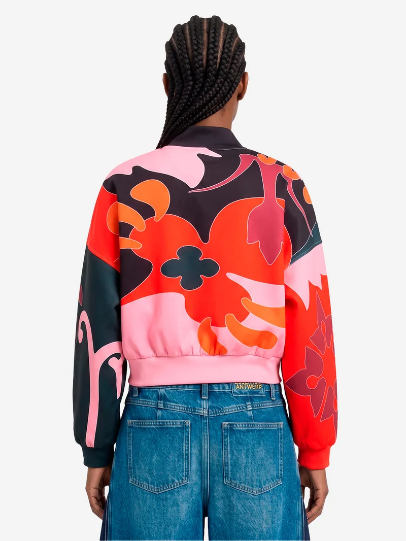 Bomber corto oversize con stampa floreale Rossa e Rosa