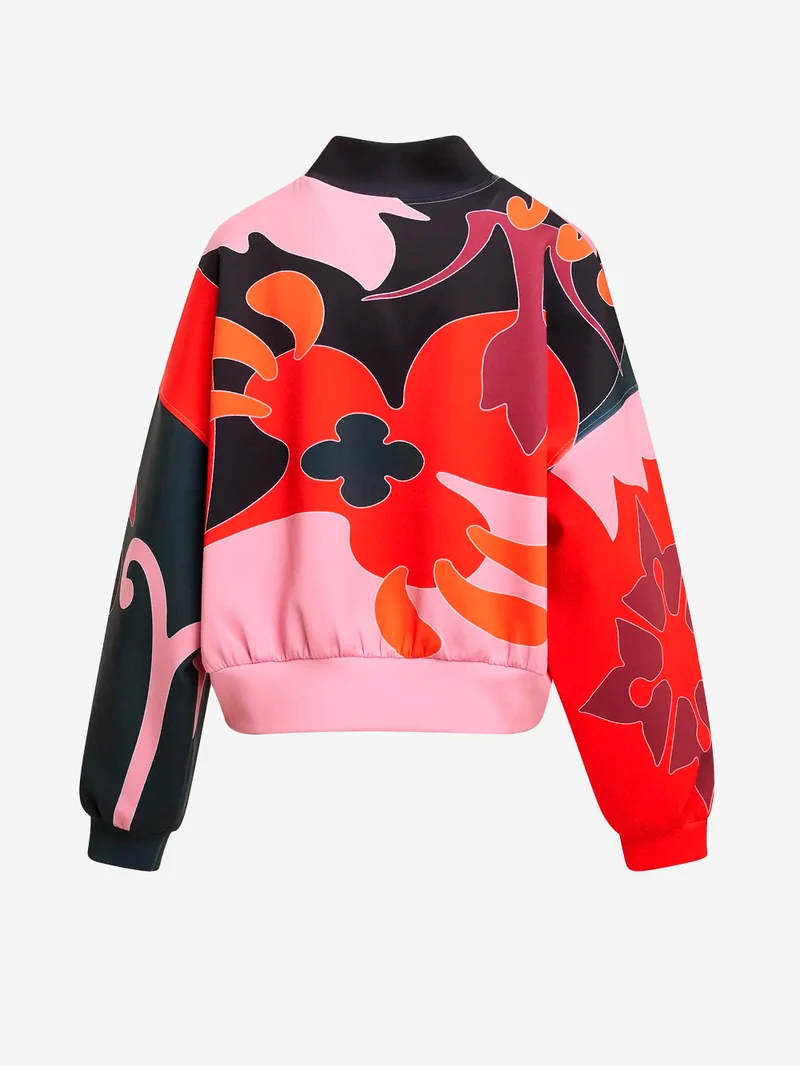 Bomber corto oversize con stampa floreale Rossa e Rosa