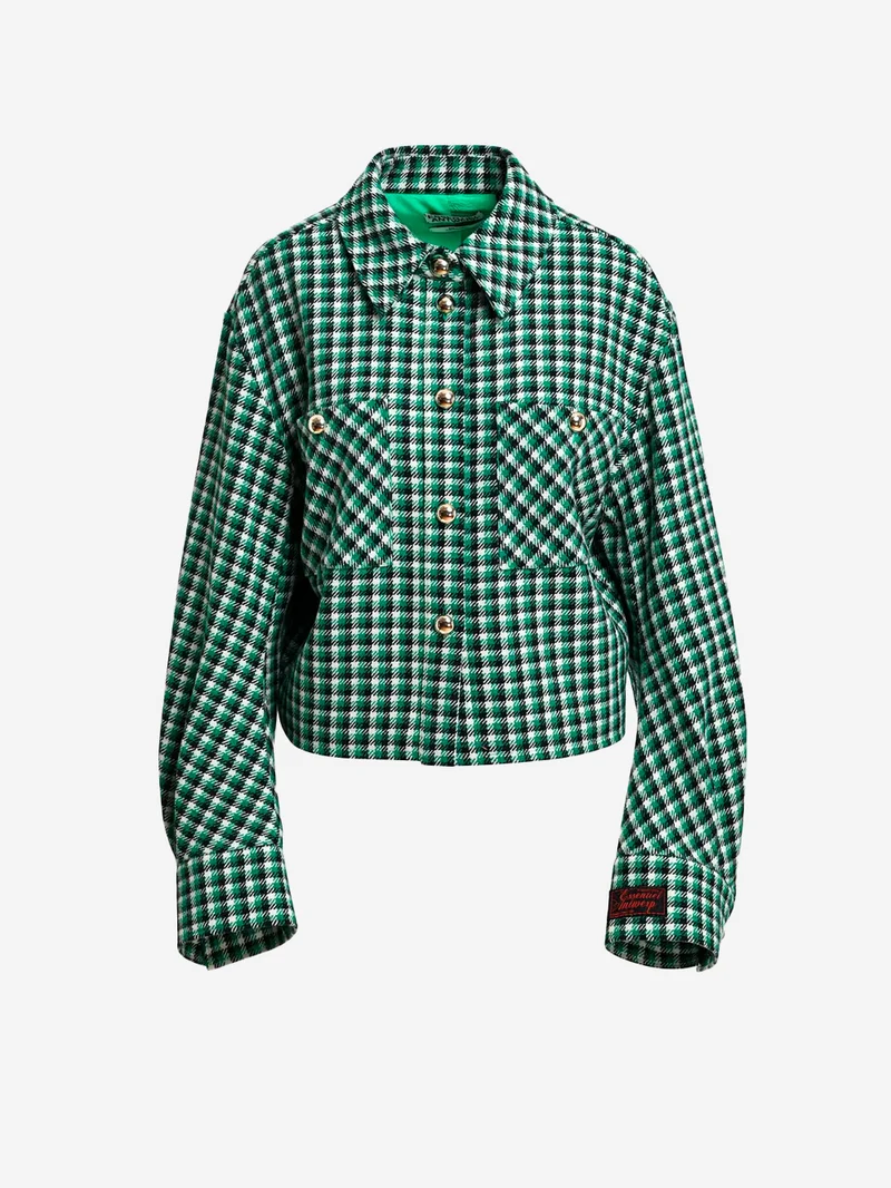 Giacca in Misto Lana a Quadri Verde con tasche applicate