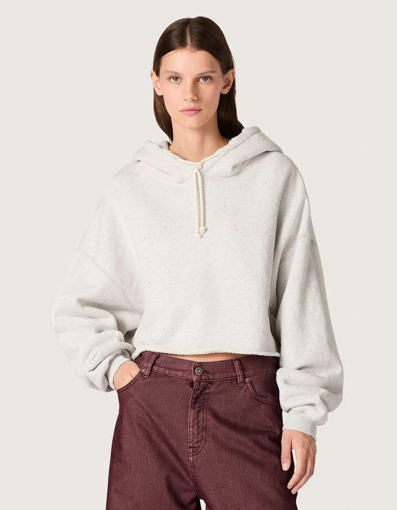 Cropped Oversize Hoodie mit Strass-Verzierung