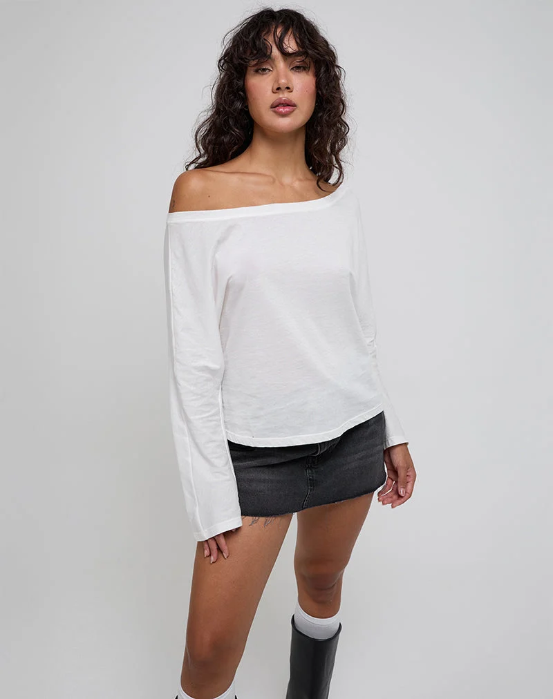 Damian schulterfreies Langarm-Basic-Top in Elfenbein