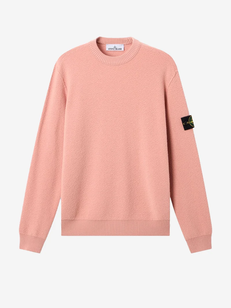 Maglione girocollo rosa in lana con finiture a costine