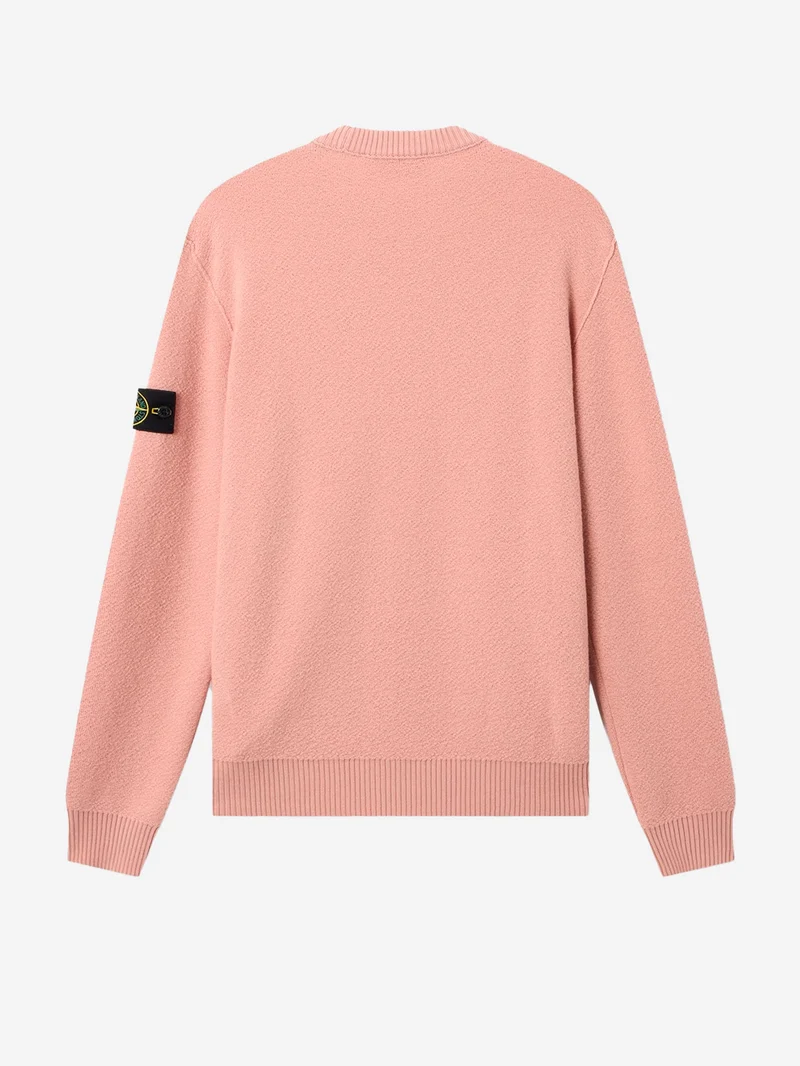 Maglione girocollo rosa in lana con finiture a costine