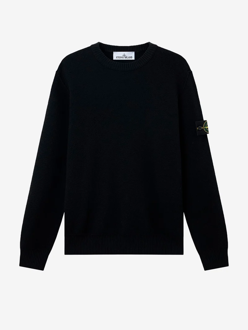 Maglione girocollo nero in lana con finiture a costine
