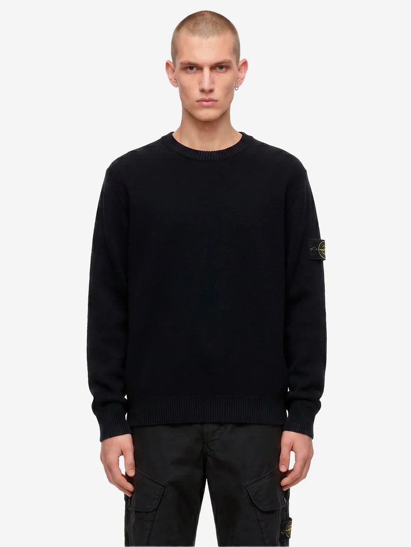 Maglione girocollo nero in lana con finiture a costine