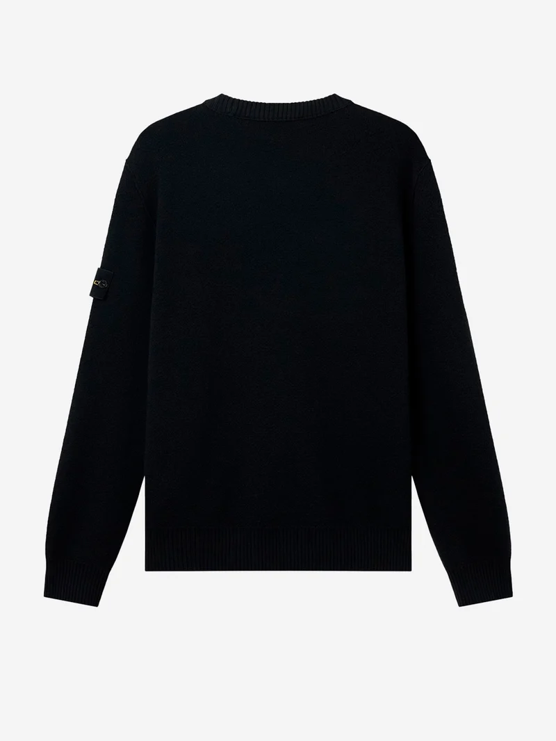 Maglione girocollo nero in lana con finiture a costine