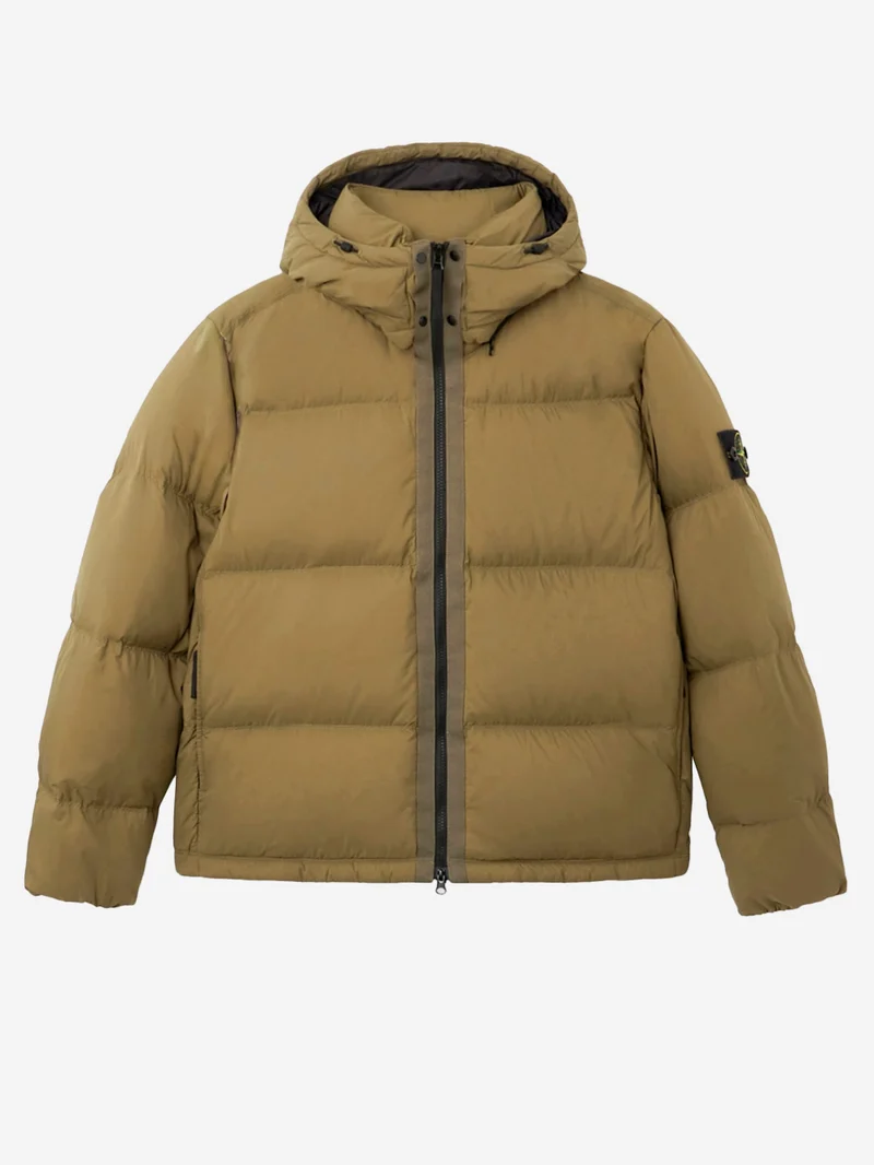 Piumino verde militare in nylon matt ripstop con cappuccio staccabile
