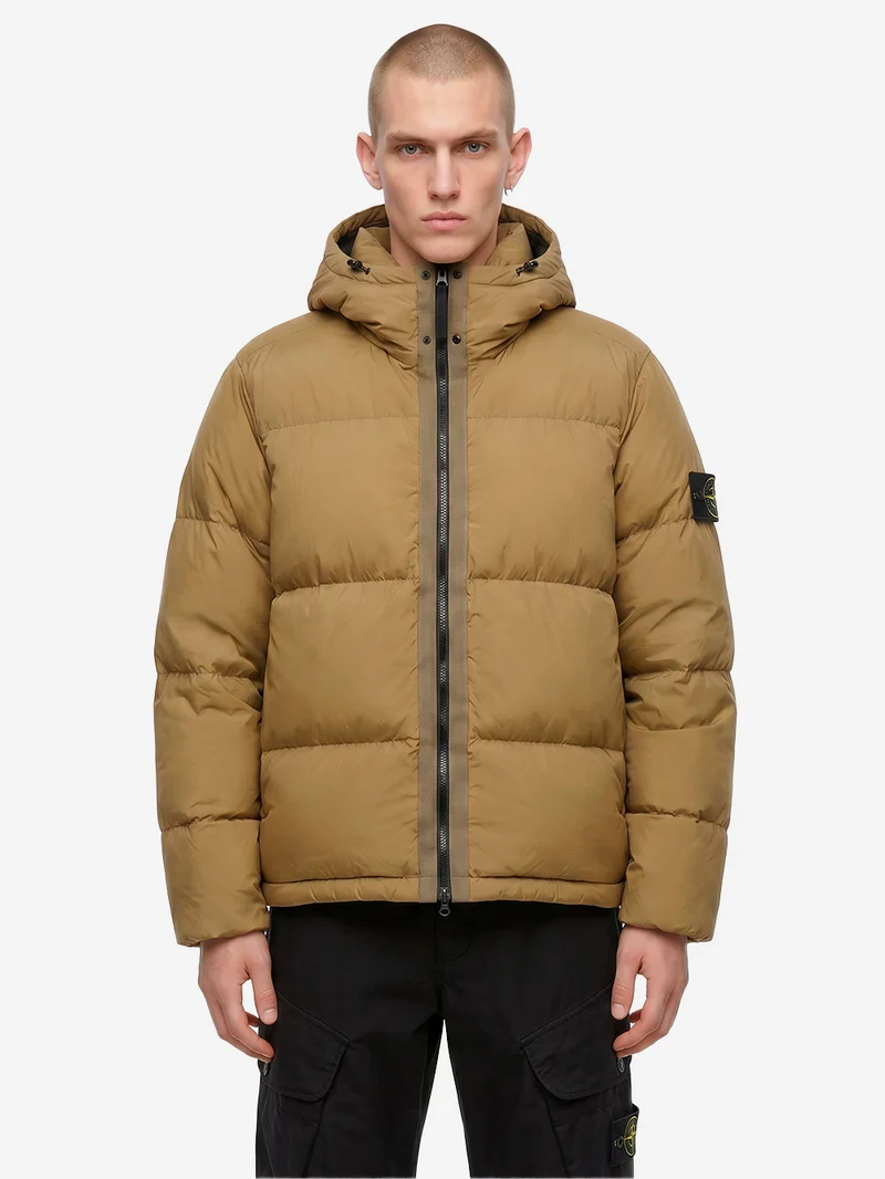 Piumino verde militare in nylon matt ripstop con cappuccio staccabile