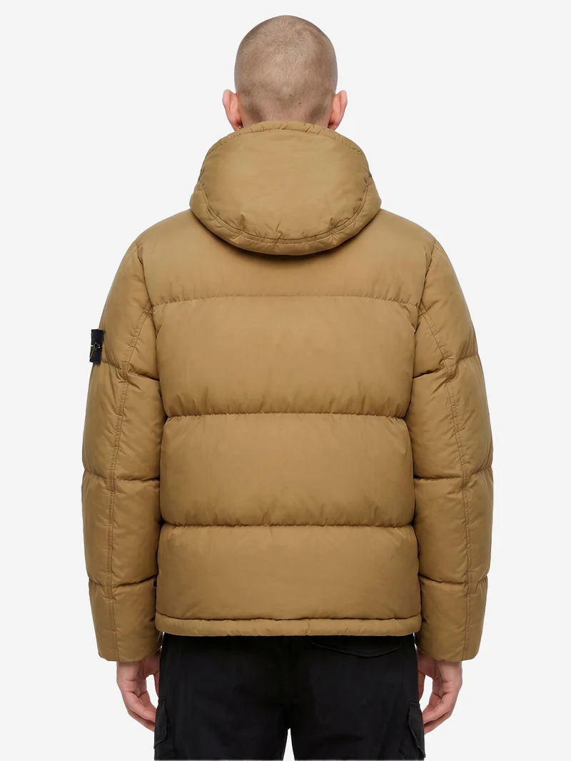 Piumino verde militare in nylon matt ripstop con cappuccio staccabile