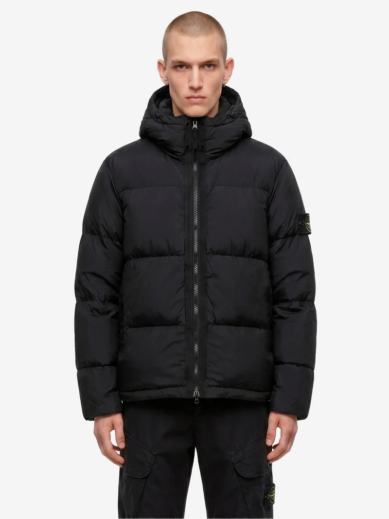 Piumino nero in nylon matt ripstop con cappuccio staccabile