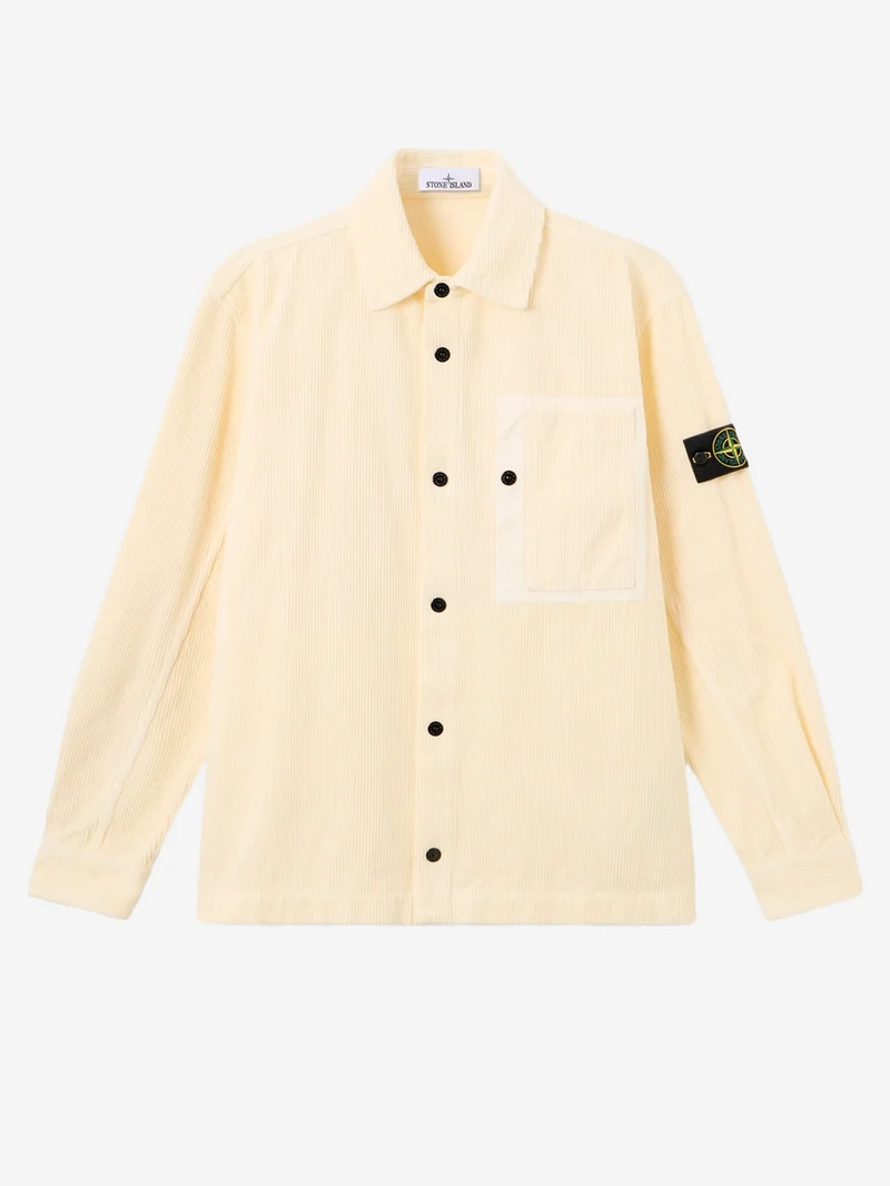 Overshirt avorio in corduroy di cotone con tasca e badge