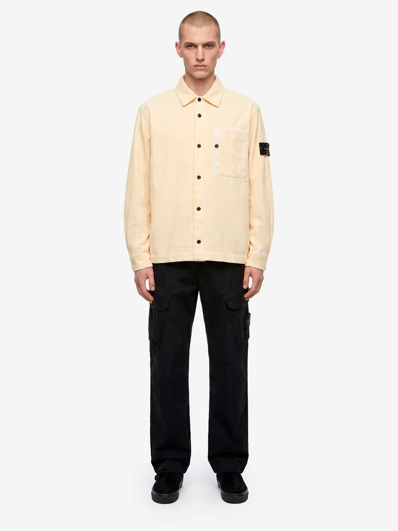 Overshirt avorio in corduroy di cotone con tasca e badge