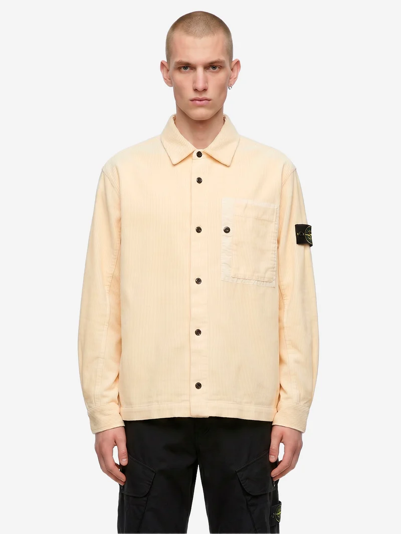 Overshirt avorio in corduroy di cotone con tasca e badge