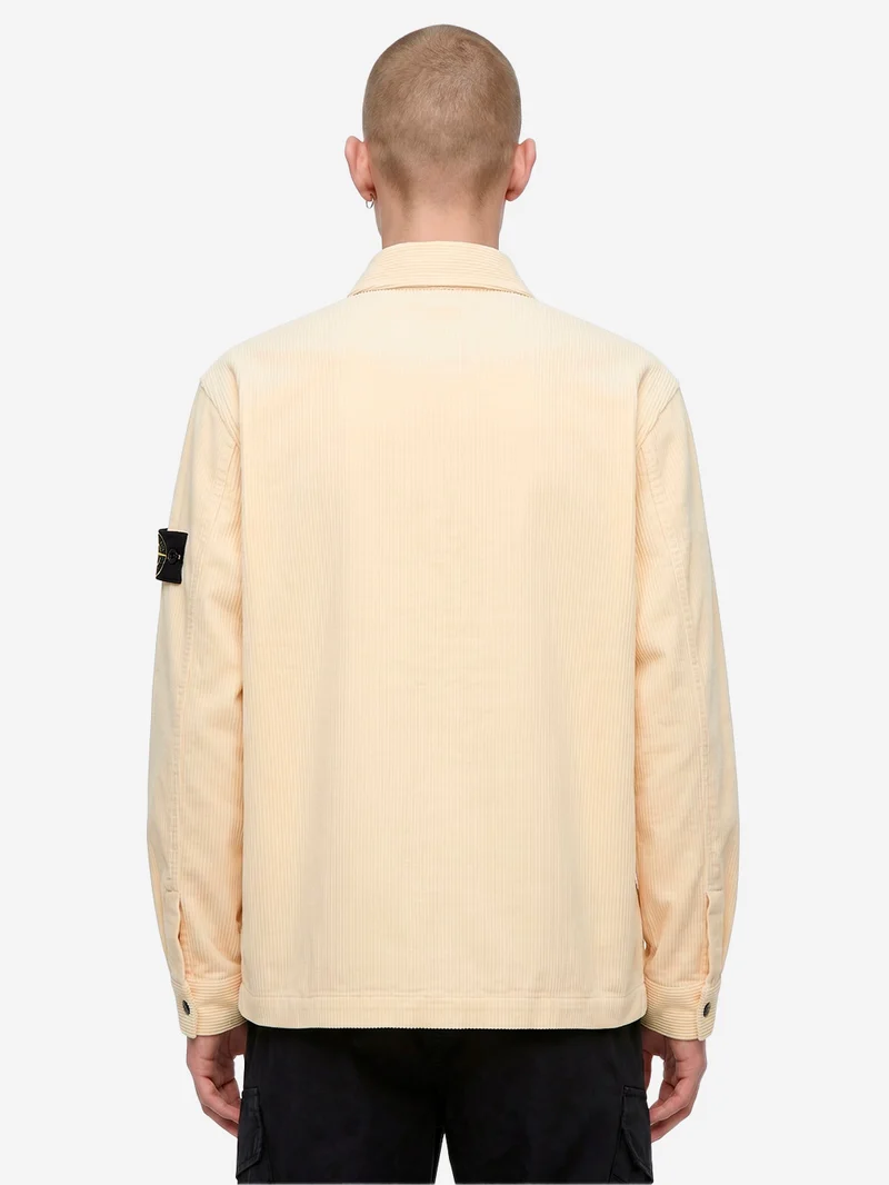 Overshirt avorio in corduroy di cotone con tasca e badge