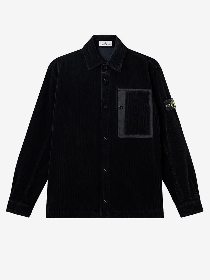 Overshirt nera in corduroy di cotone con tasca e badge