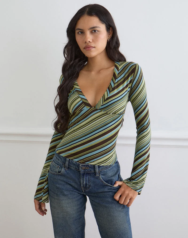 Emesy Langarm-Oberteil mit gemischten Streifen in Grün