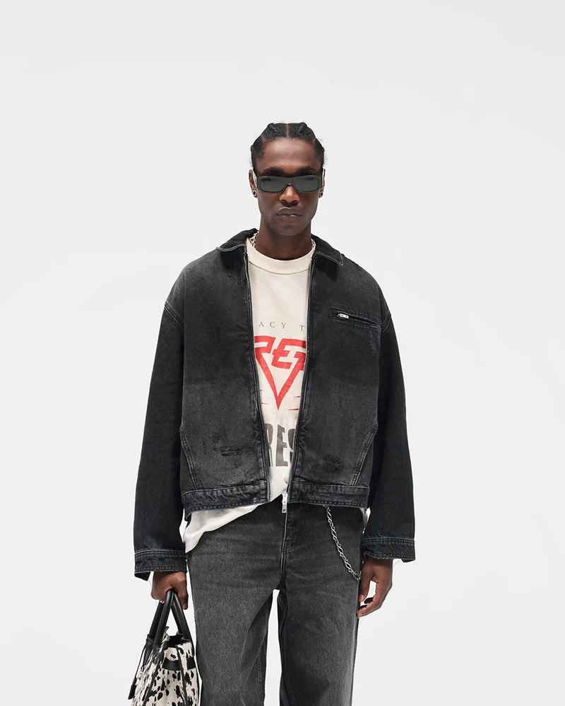 Collared Denim Jacket - Aged Black