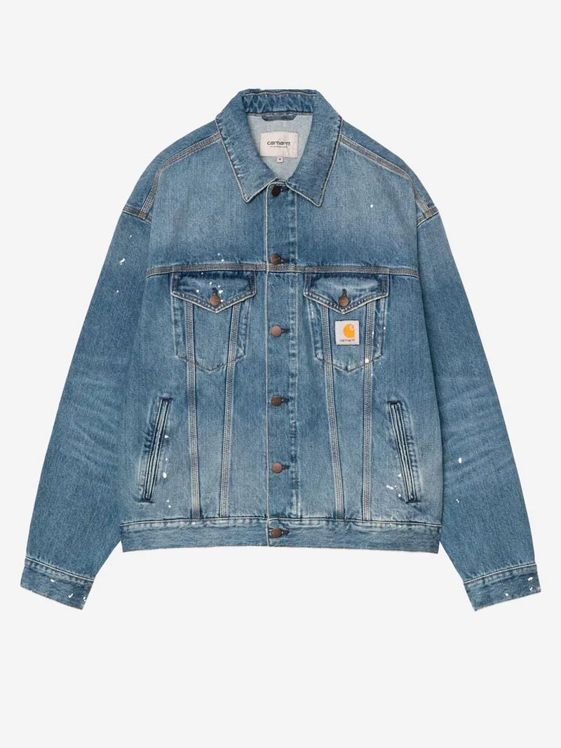 Giacca Helston in denim blu con trattamento distressed