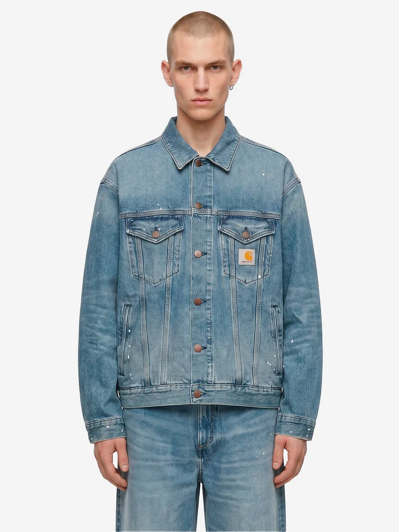Giacca Helston in denim blu con trattamento distressed