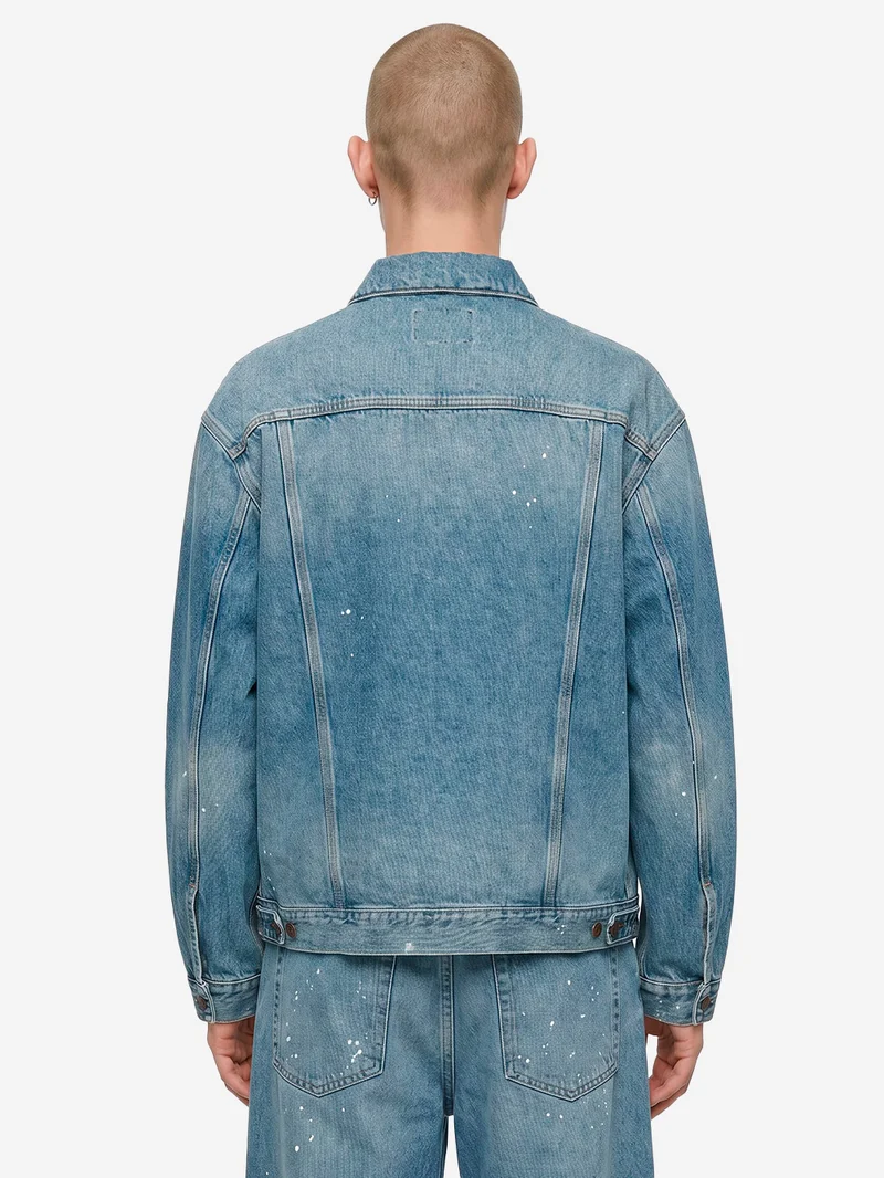 Giacca Helston in denim blu con trattamento distressed