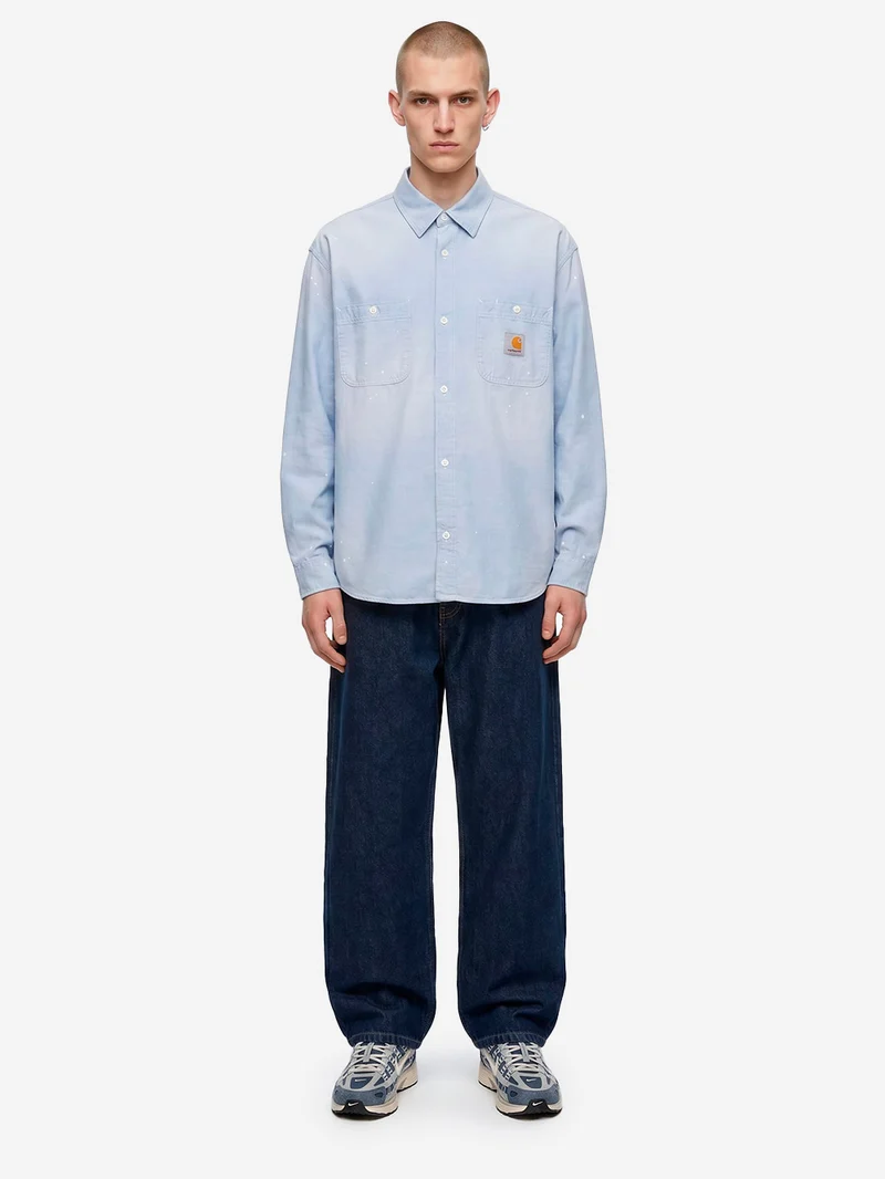 Camicia blu L/S 'Painter' con trattamento distressed