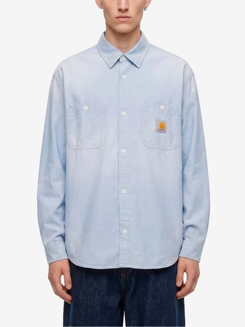 Camicia blu L/S 'Painter' con trattamento distressed