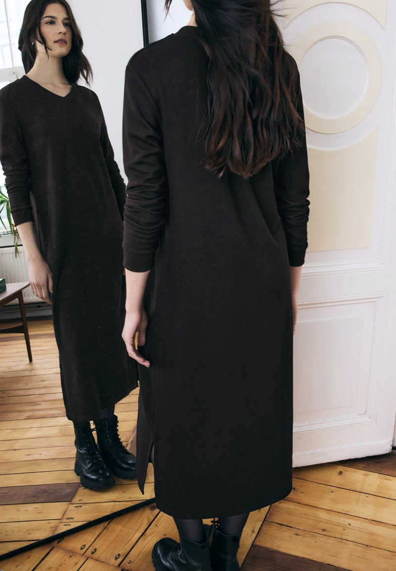 V Neck Dress_solid, Black