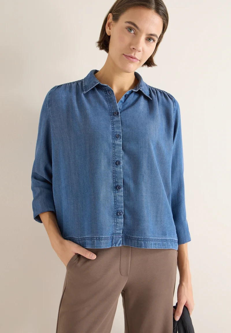 Smock Detail Lyocell Blouse, mid blue wash