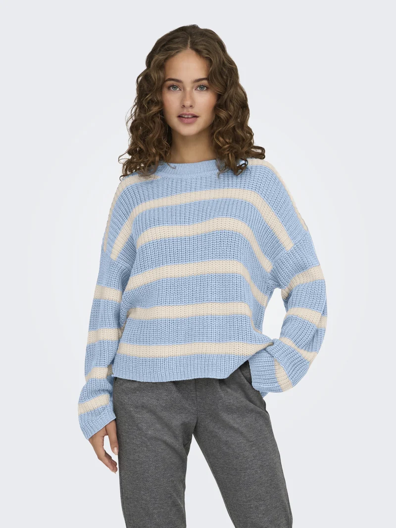 JDYJUSTY L/S STRIPE PULLOVER KNT NO, Cashmere Blue/EGGNOG