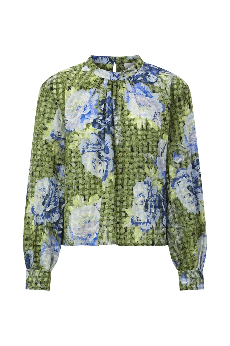 Printed Blouse with Collar Stand, urban lime