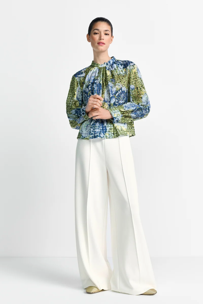 Printed Blouse with Collar Stand, urban lime