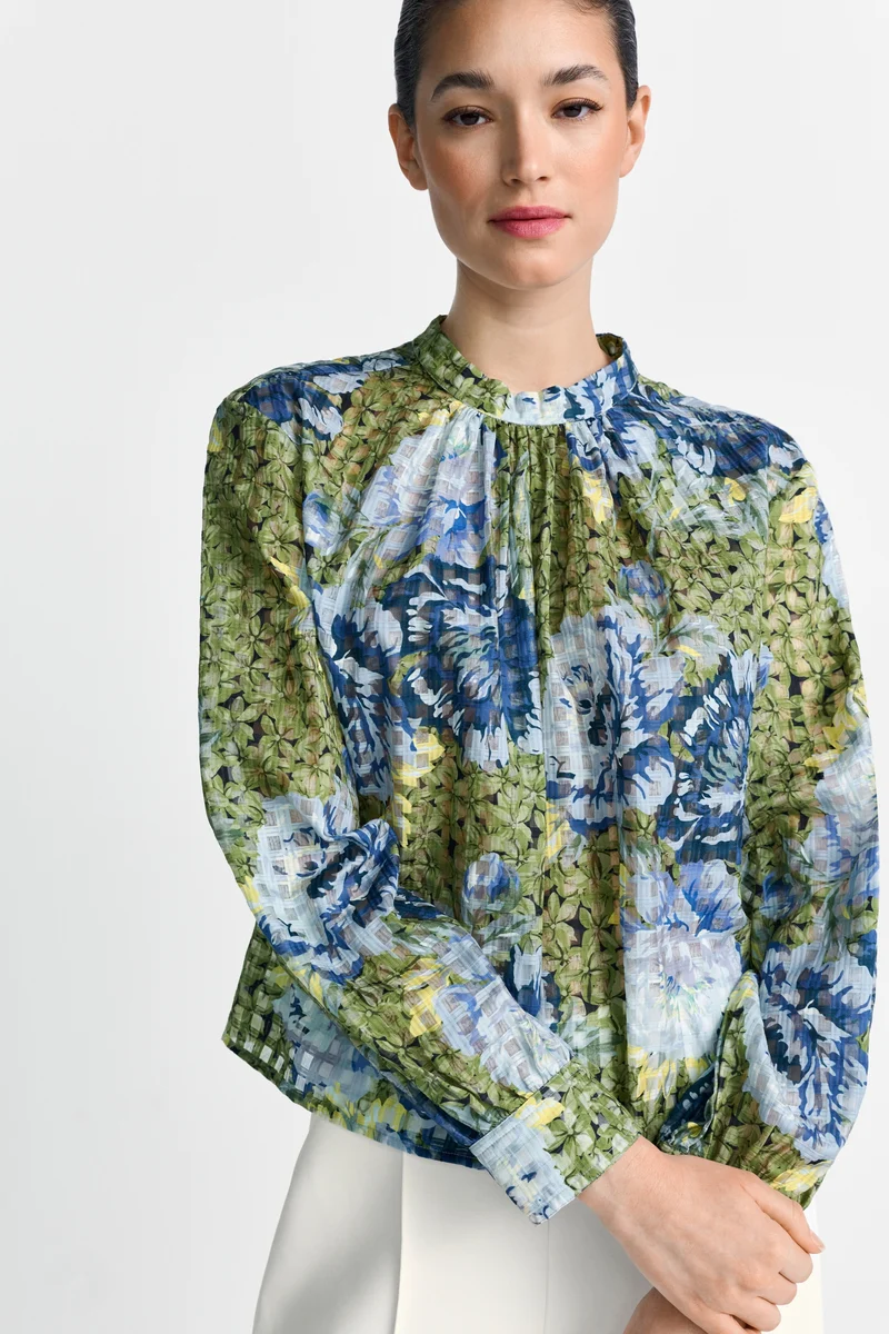 Printed Blouse with Collar Stand, urban lime