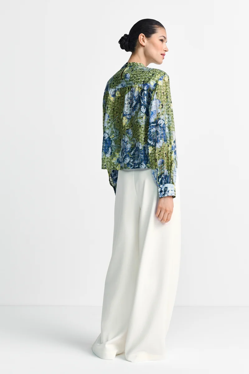 Printed Blouse with Collar Stand, urban lime