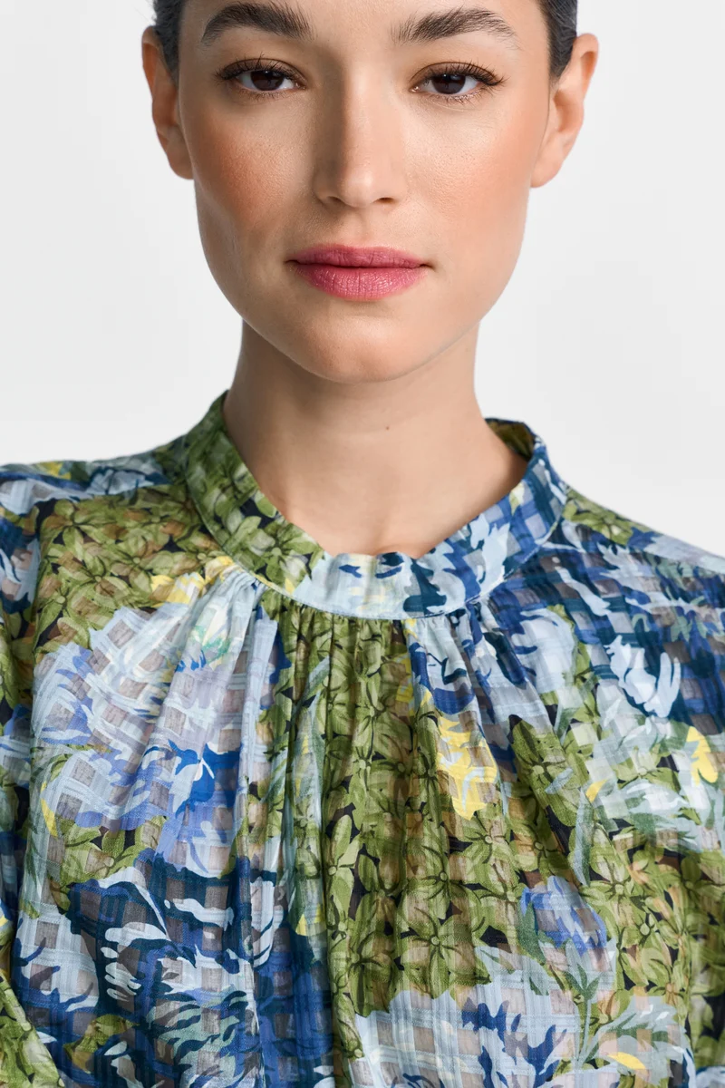 Printed Blouse with Collar Stand, urban lime