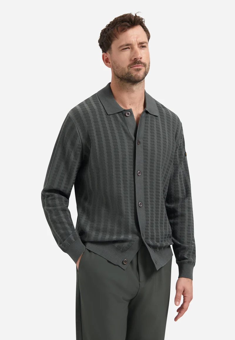 Cardigan Full Button Polo Jacquard, Dark Steel