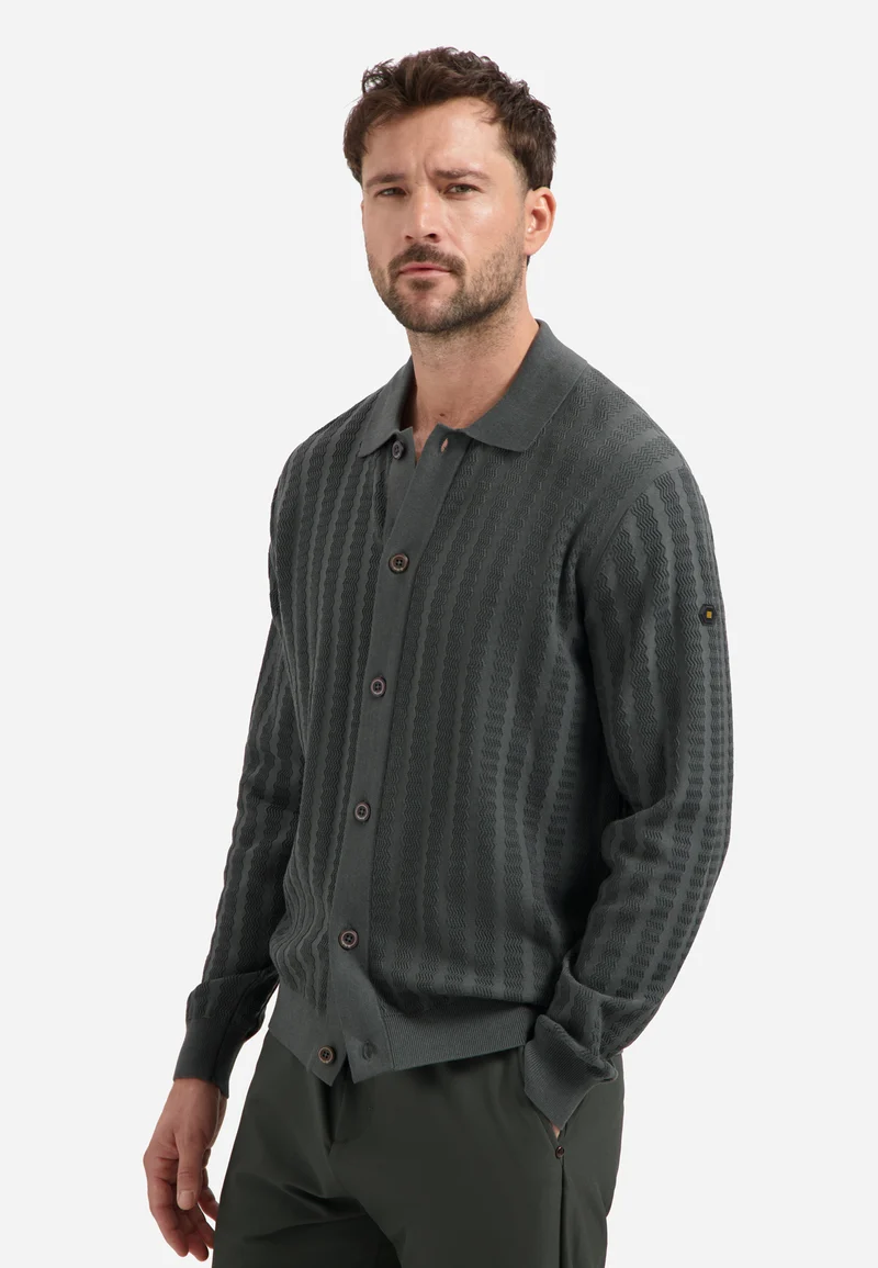 Cardigan Full Button Polo Jacquard, Dark Steel