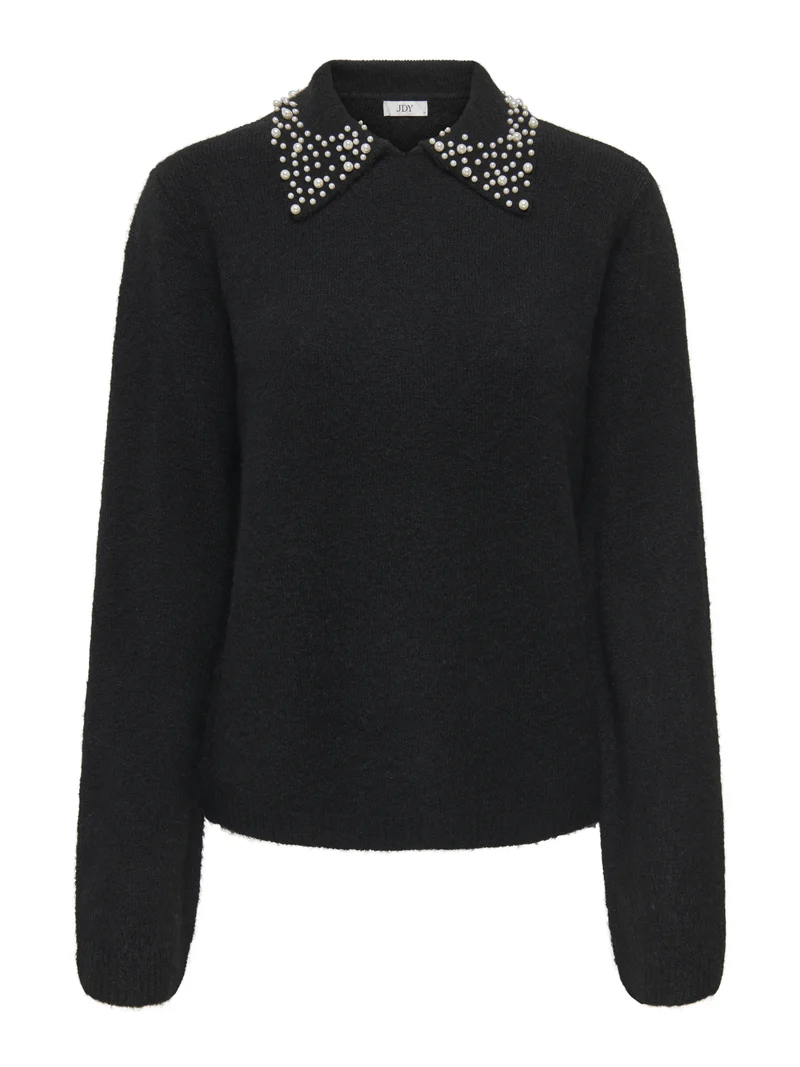 JDYAUBRAY LIFE L/S PEARL COLLAR PUL, Black/WHITE PEARLS