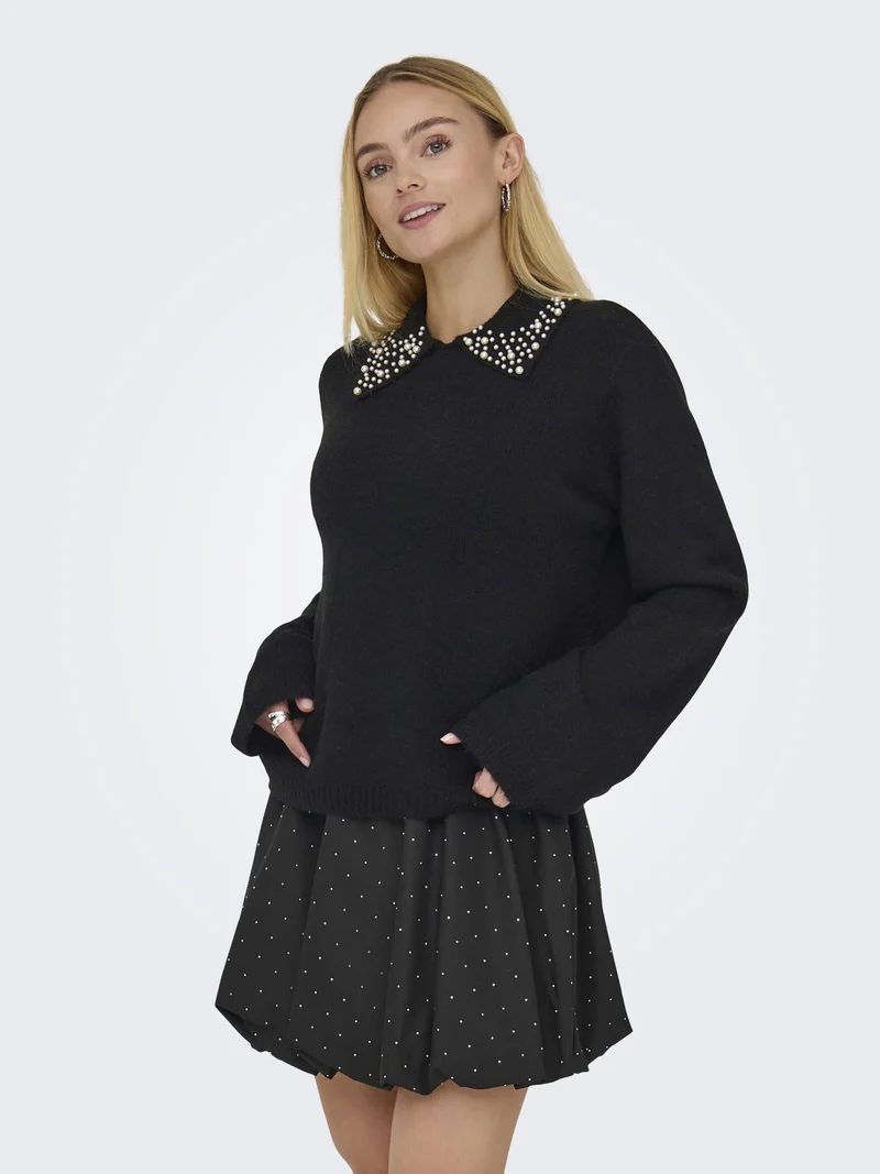 JDYAUBRAY LIFE L/S PEARL COLLAR PUL, Black/WHITE PEARLS