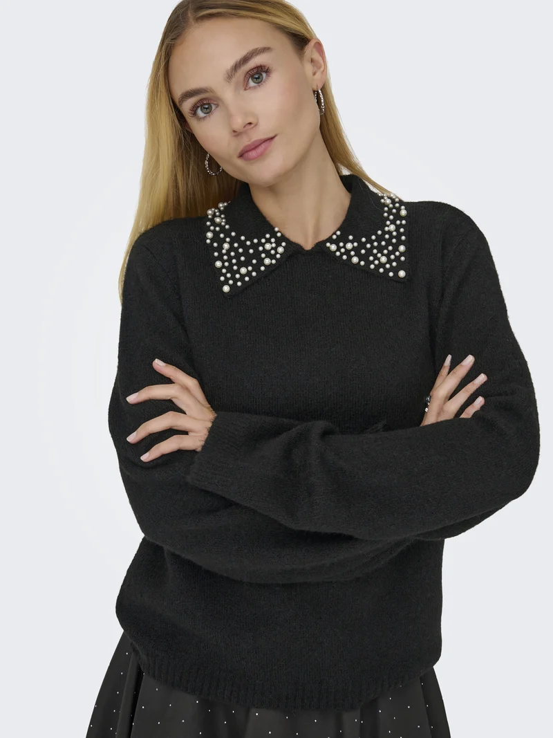 JDYAUBRAY LIFE L/S PEARL COLLAR PUL, Black/WHITE PEARLS