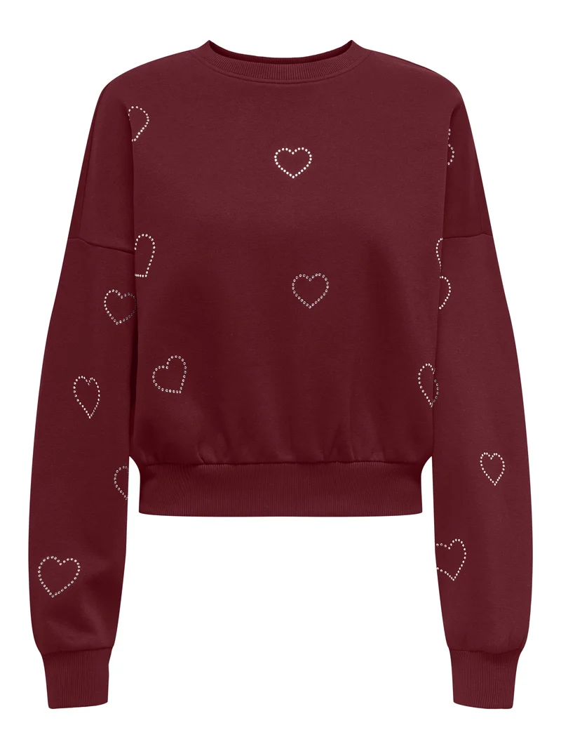 ONLBERIT L/S O-NECK SWT, Cabernet/Heart silver rhinestone