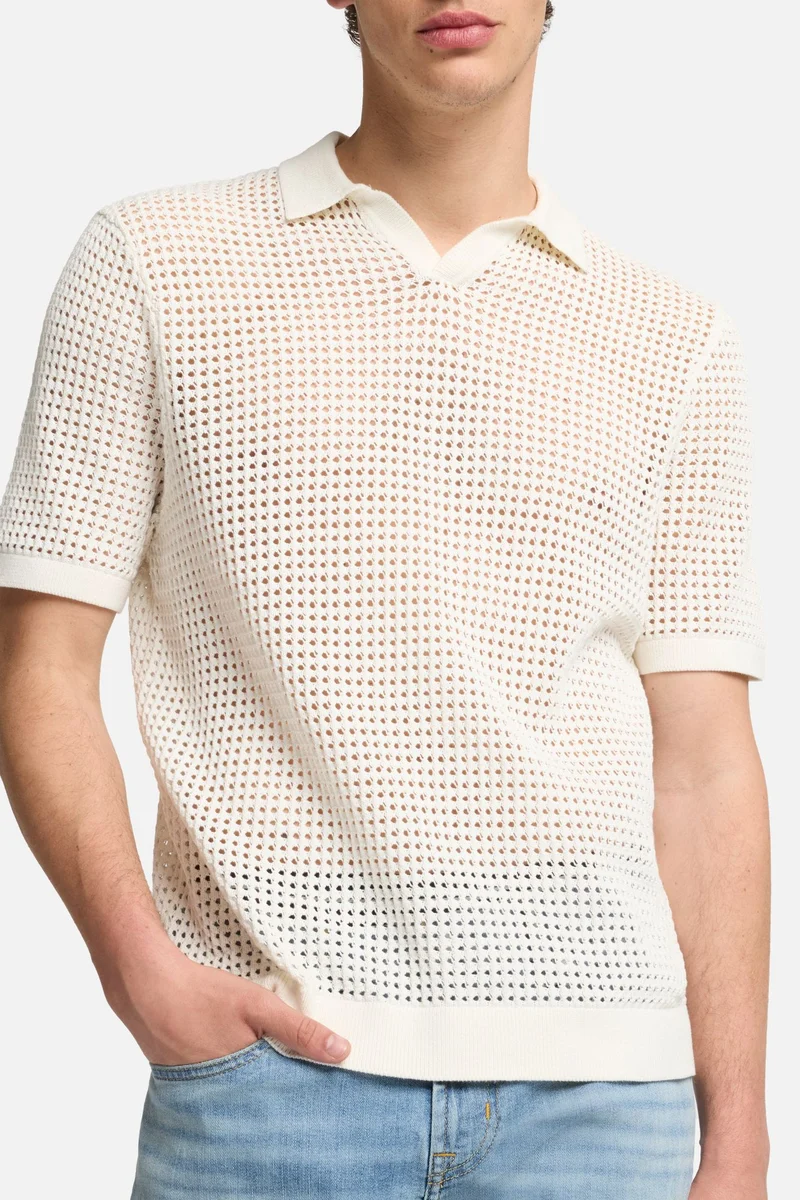 Short Sleeve Crochet Polo in White