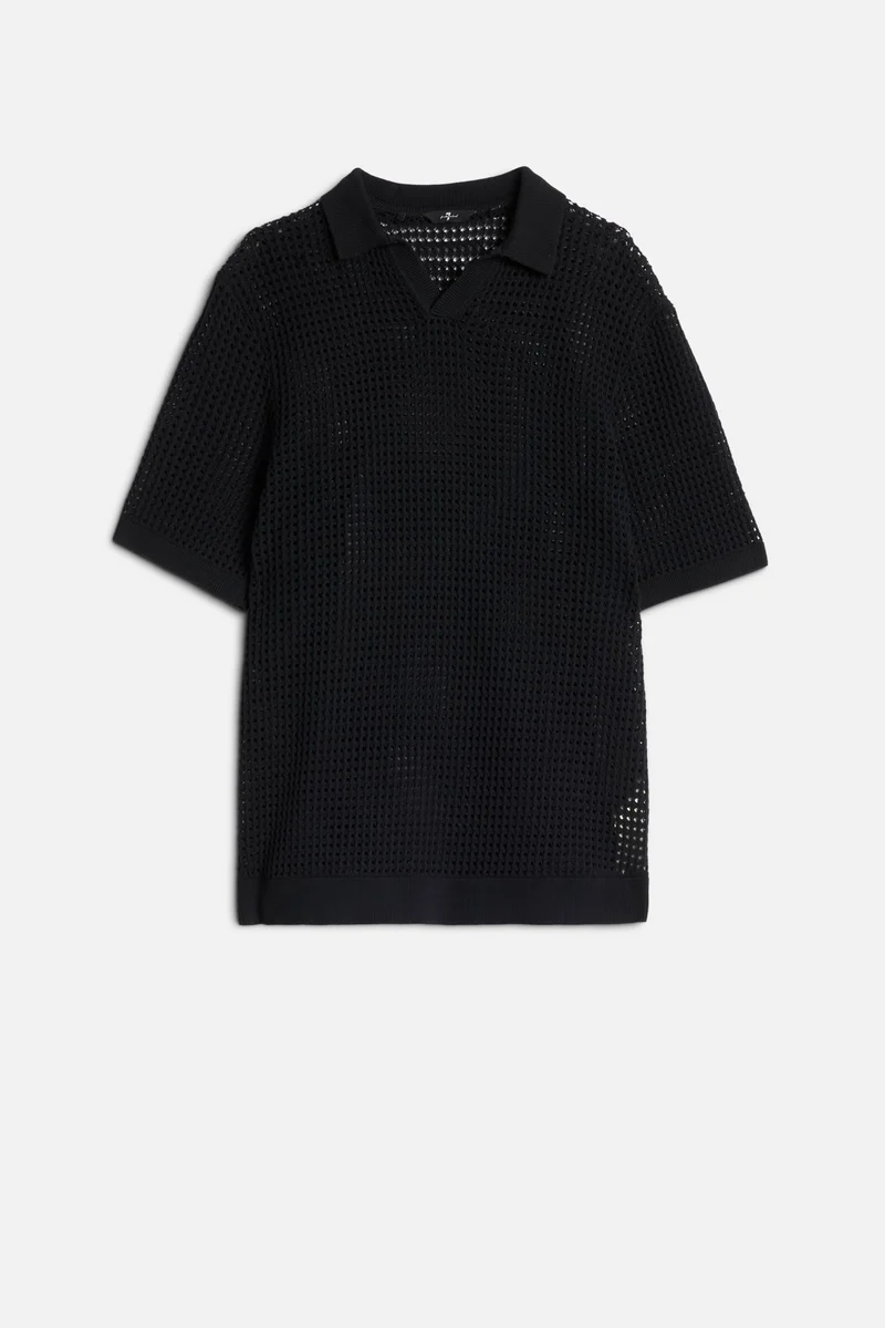 Short Sleeve Crochet Polo in Black