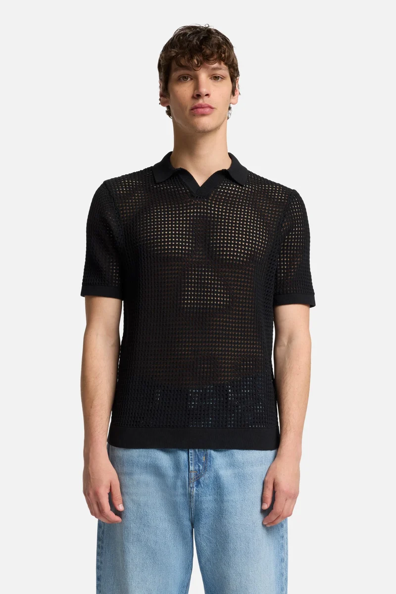 Short Sleeve Crochet Polo in Black