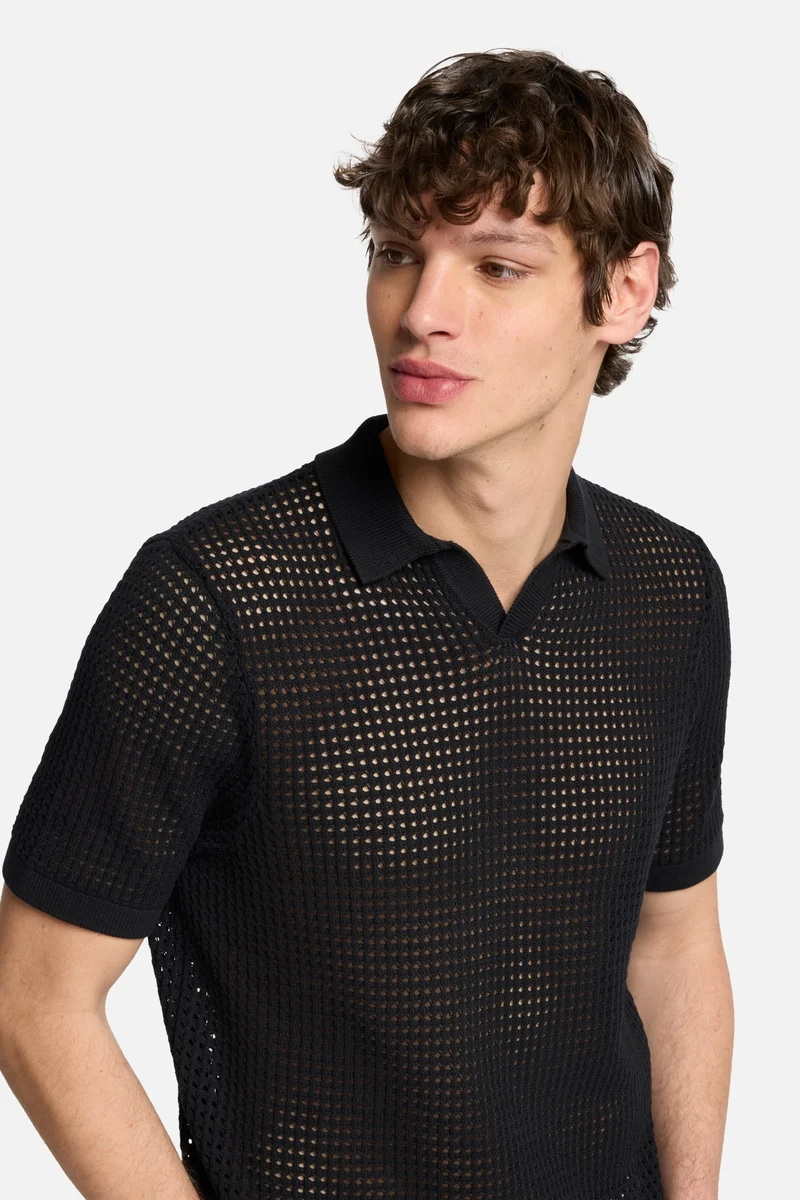 Short Sleeve Crochet Polo in Black