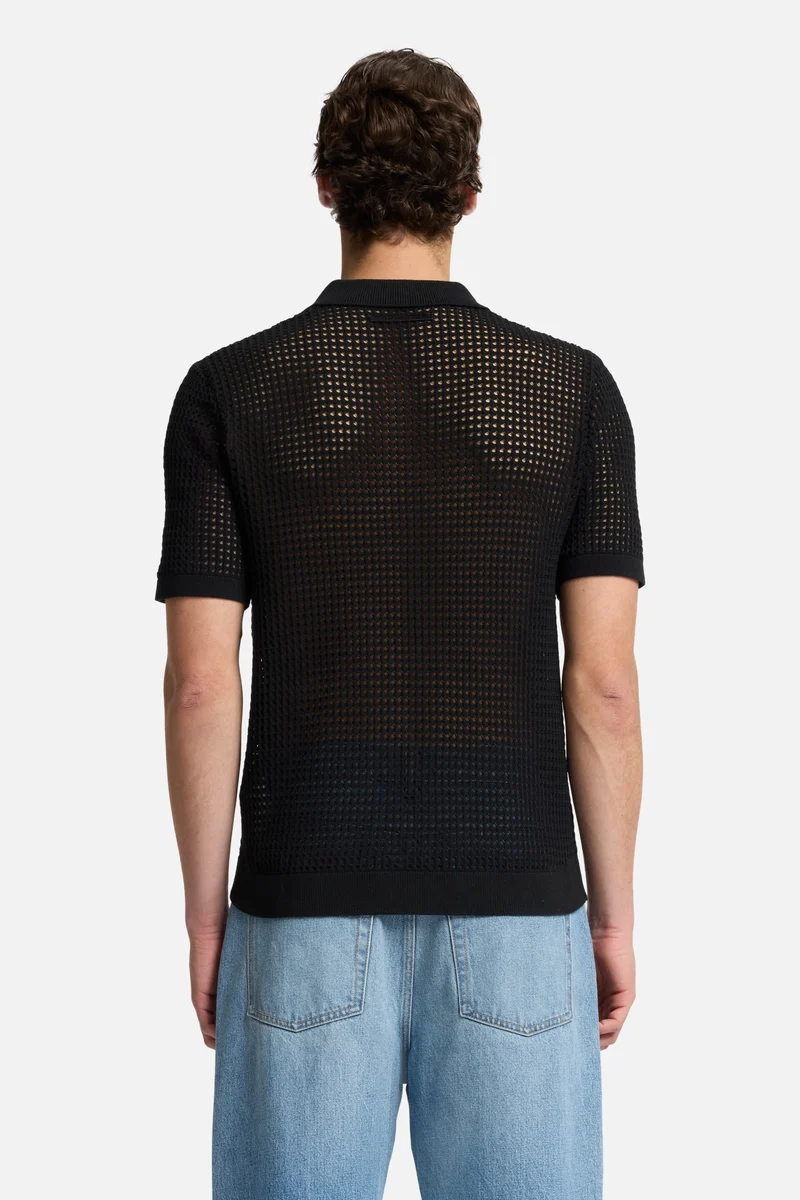 Short Sleeve Crochet Polo in Black