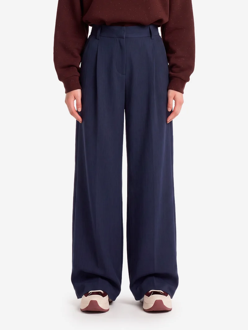 Pantaloni pleated 'Provenco' a vita alta blu